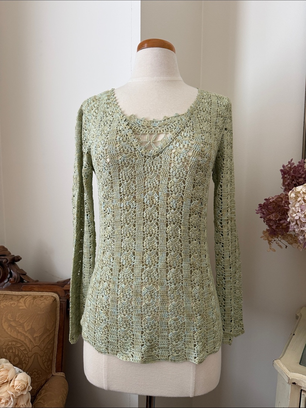 Light Sage/khaki Crochet Knit Long Sleeve Top